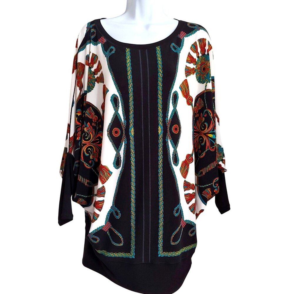 Eva Varro Colorful Ornate Chain Tassel Print Maximalist Dolman Cruise Wear Top M